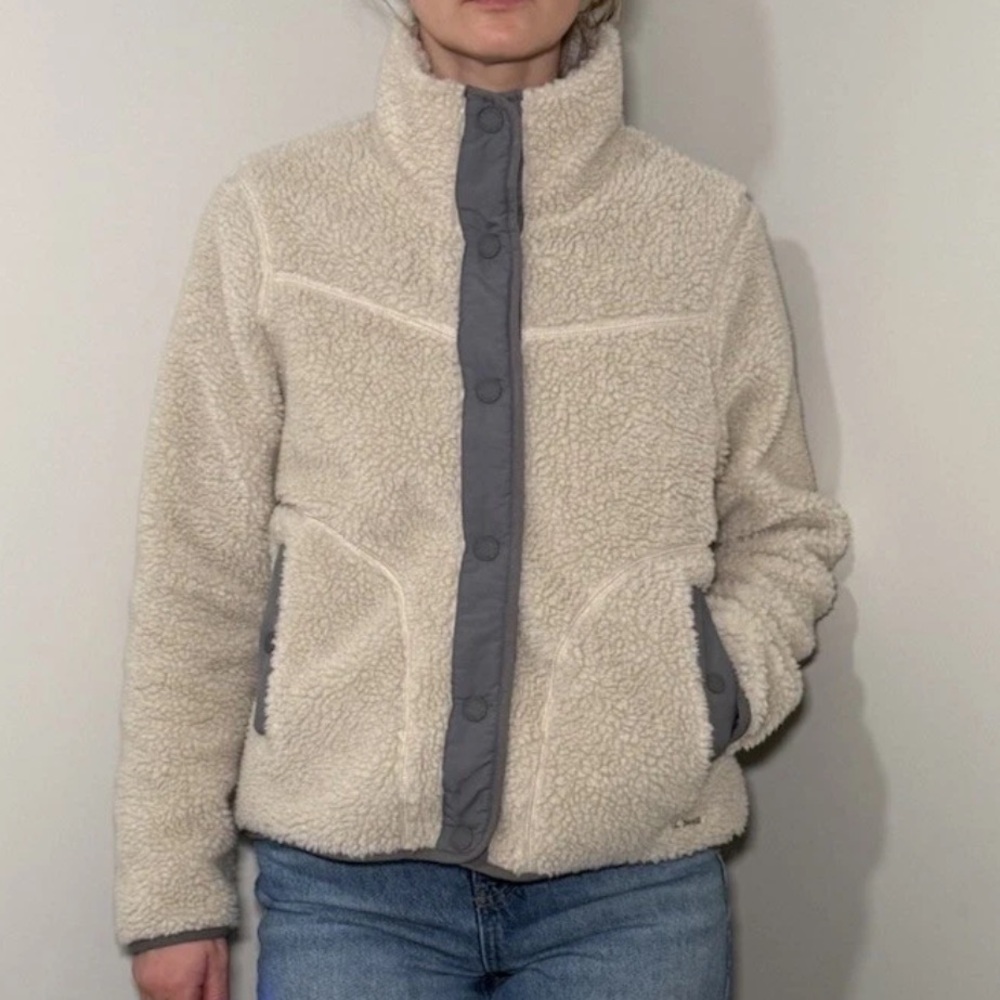 LL Bean Women's Sherpa Fleece Jacket Natural Cream White & Gray Accent Petite S